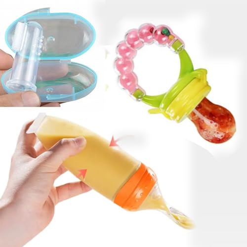 Rozatech Combo of Reusable Fruit Feeder, Baby Feeding Silicone Bottle with Sleeve, 110ml and Baby Finger Brush
