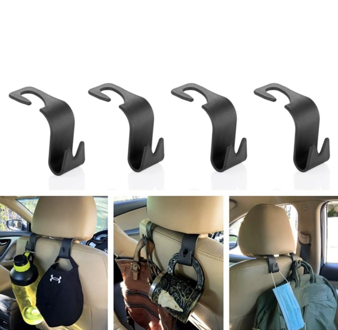 Rozatech Car Backseat Headrest Hook/Hanger Universal Durable Organiser Space Saver for Handbag, Wallets, Grocery Bags (Black, Pack of 4)