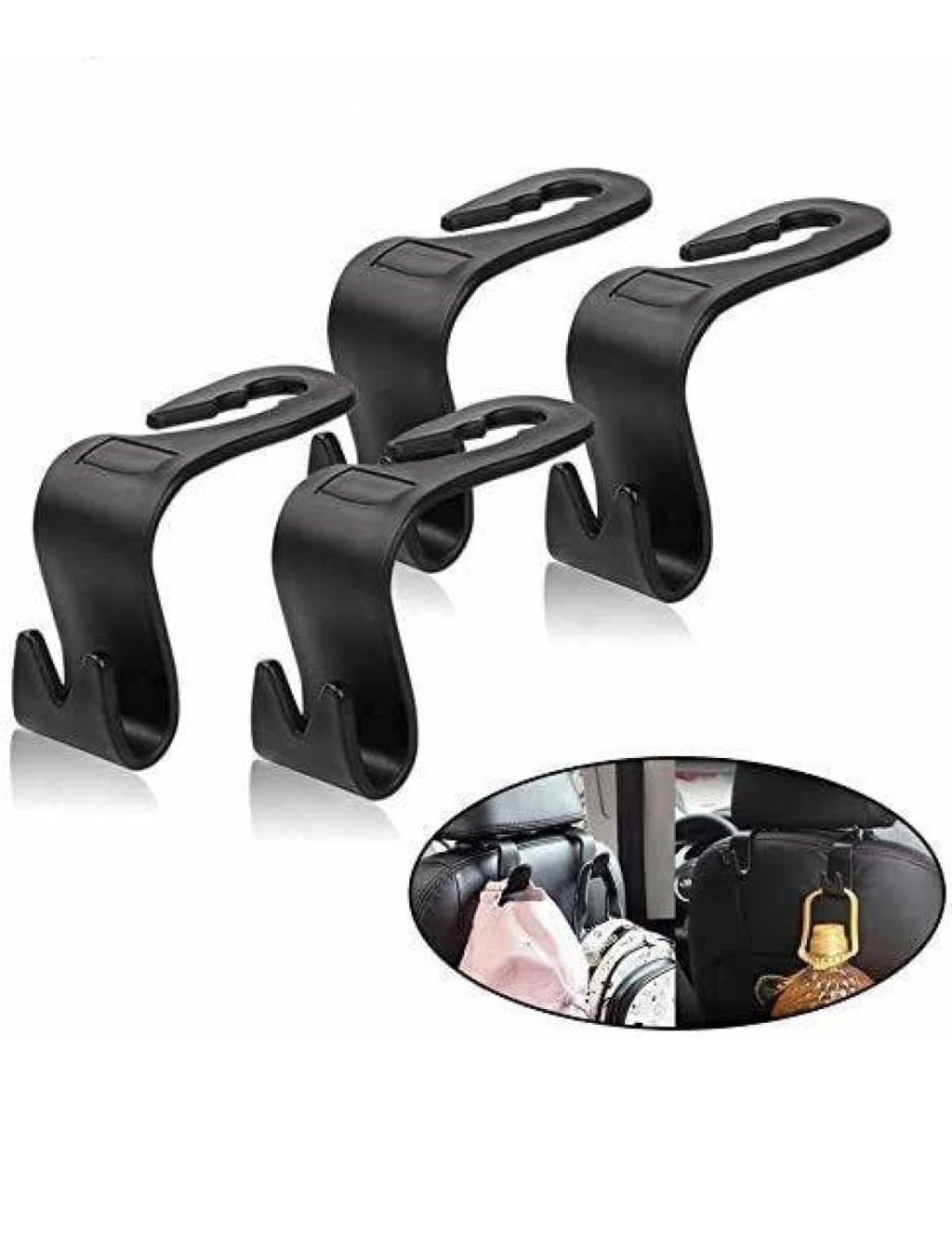 Rozatech Car Backseat Headrest Hook/Hanger Universal Durable Organiser Space Saver for Handbag, Wallets, Grocery Bags (Black, Pack of 4)