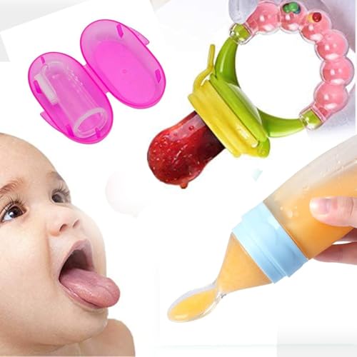 Rozatech Combo of Reusable Fruit Feeder, Baby Feeding Silicone Bottle with Sleeve, 110ml and Baby Finger Brush