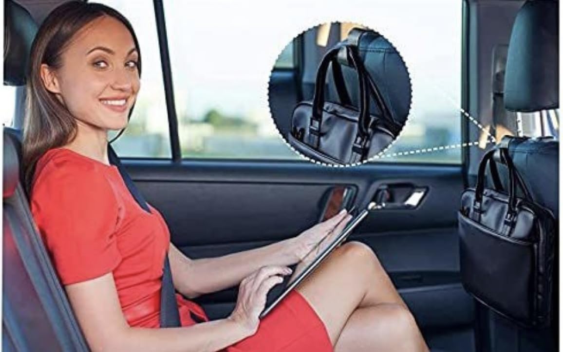 Rozatech Car Backseat Headrest Hook/Hanger Universal Durable Organiser Space Saver for Handbag, Wallets, Grocery Bags (Black, Pack of 4)